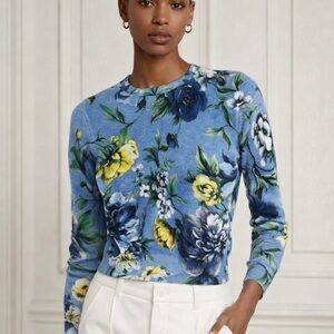 Samantha sung blue floral cashmere silk blend sweater
